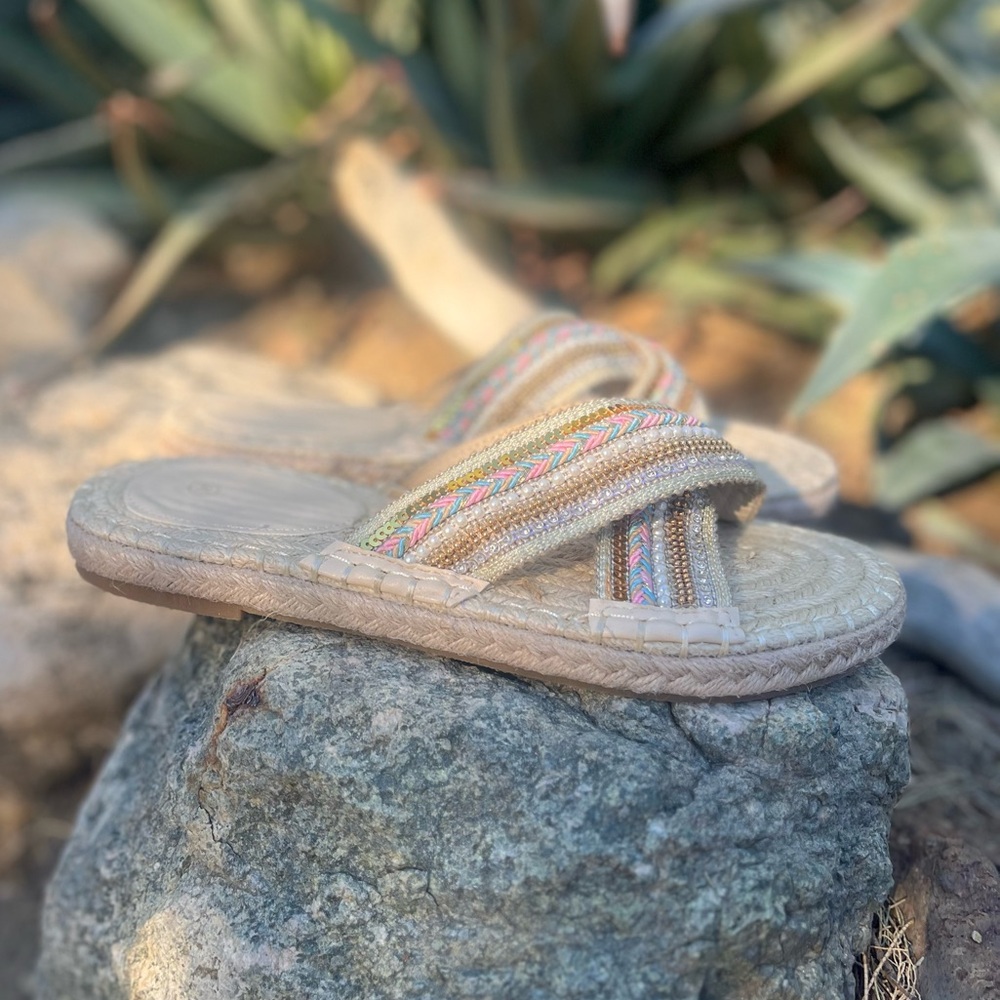 UNBRANDED | Beaded Beige Espadrille Slide Sandals with Multicolor Straps 40 8.5